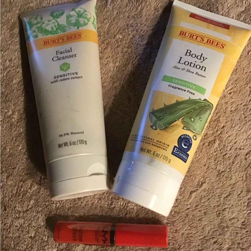 Burt’s Bees Facial Cleaner and lotion and NYX lip gloss